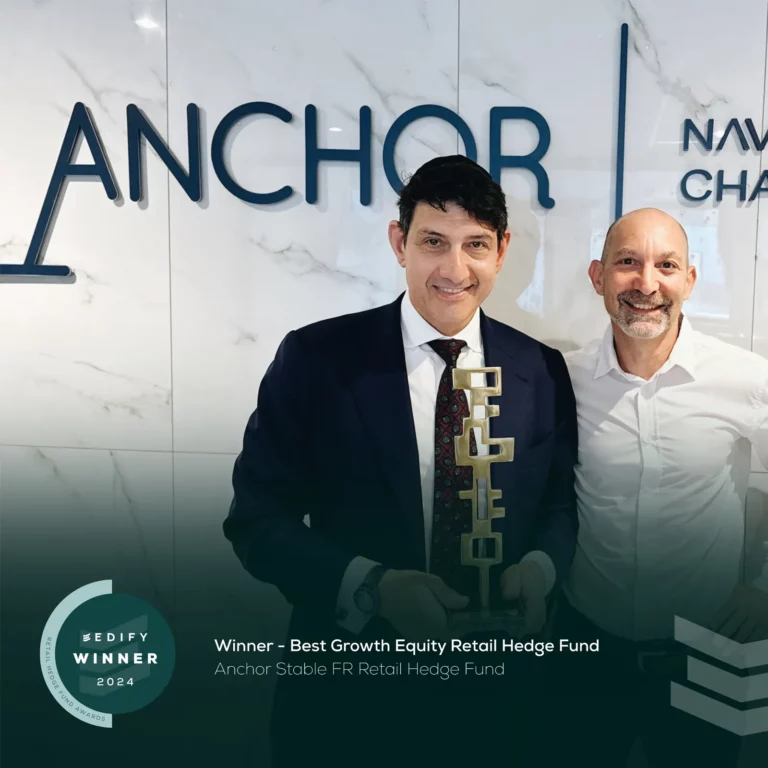 Anchor Stable FR Retail Hedge Fund representative holding the Edify 2024 trophy next to an Edify representative.