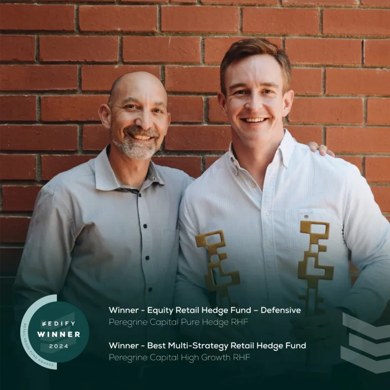 Peregrine Capital representative holding two Edify Retail Hedge Fund trophies alongside an Edify representative against a red brick wall.