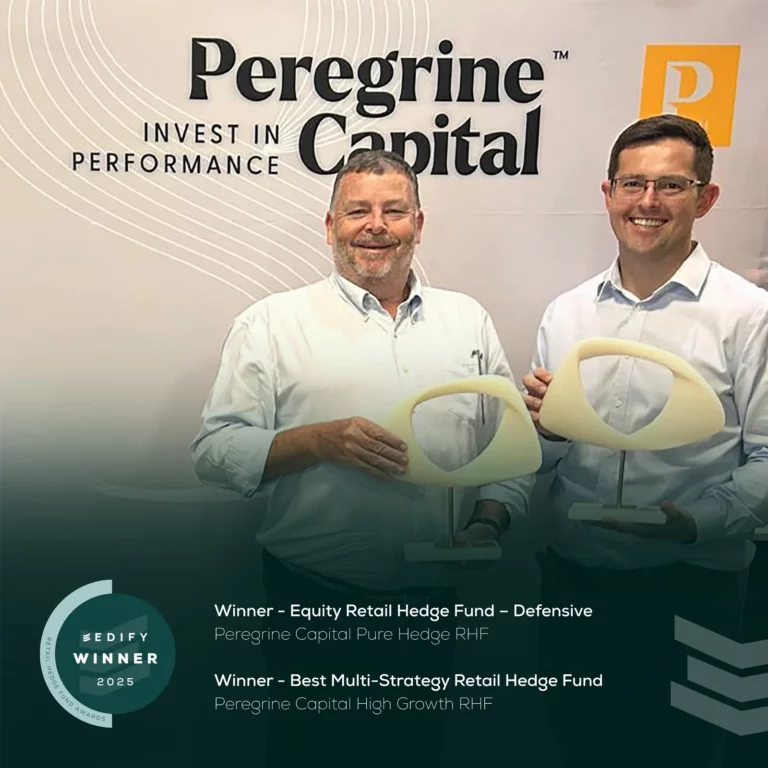 Peregrine Capital representatives holding two Edify Retail Hedge Fund Awards trophies for Pure Hedge RHF and High Growth RHF.