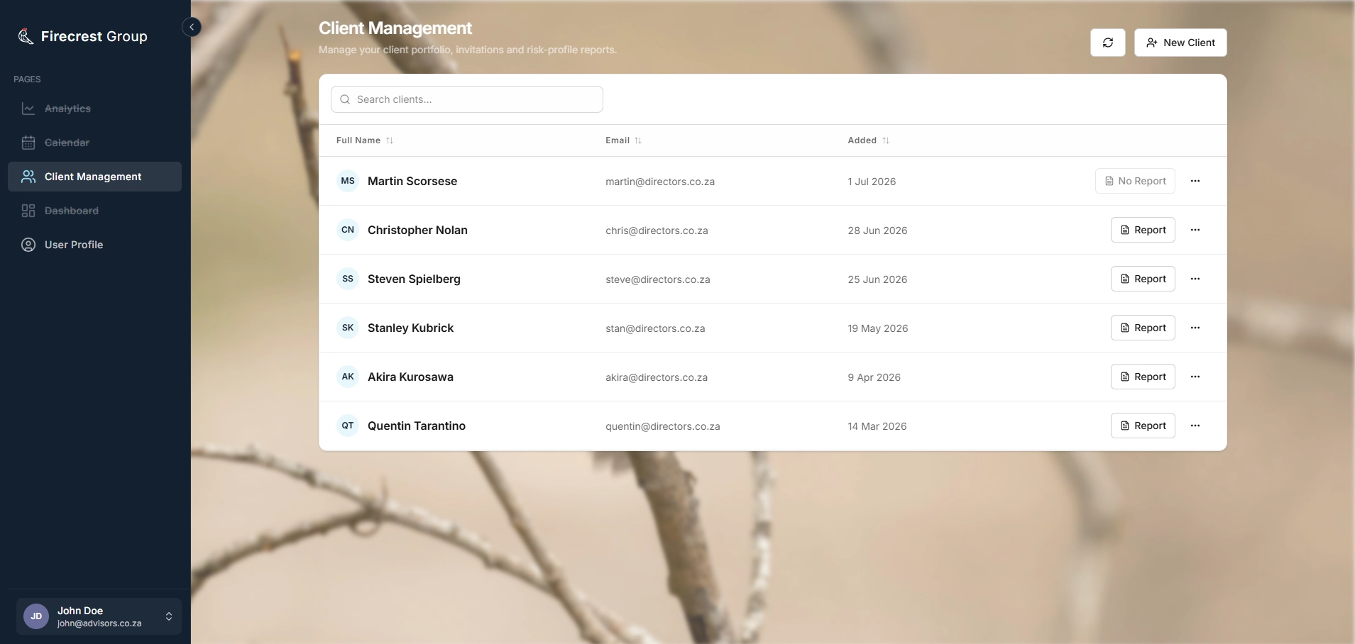 Edify Curator investor profiling platform showing a Client Management dashboard interface with listed clients and reports.